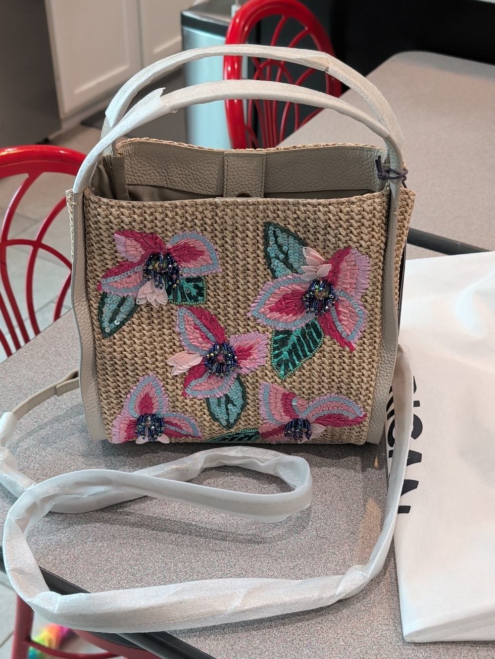 Floral Embroidered Straw Crossbody Bag in Pink and Cream